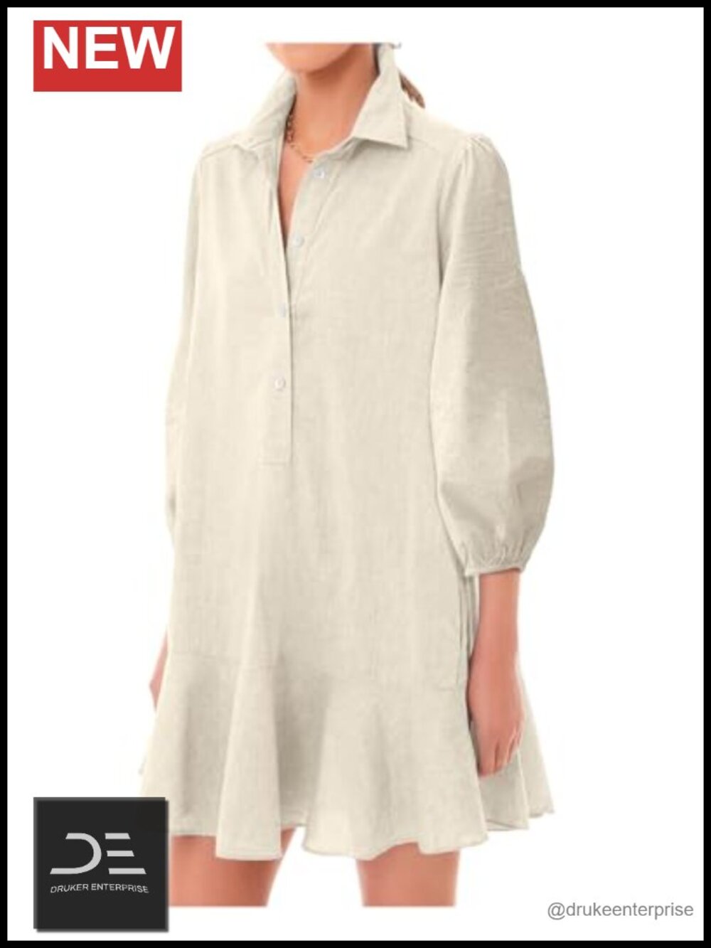 Womens Button Down Shirt Dress 3/4 Puff Sleeve Cotton Linen Ruffle Hem Mini